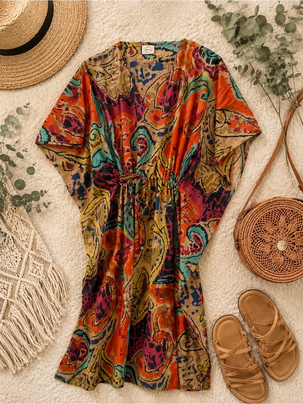 Indacorify Boho Paisley Print Kimono Midi Dress Multicolor Abstract